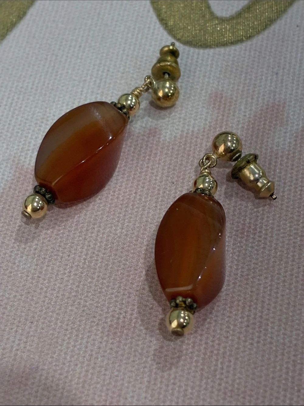 Gold-Tone Brown Agate Amber Drop Earrings